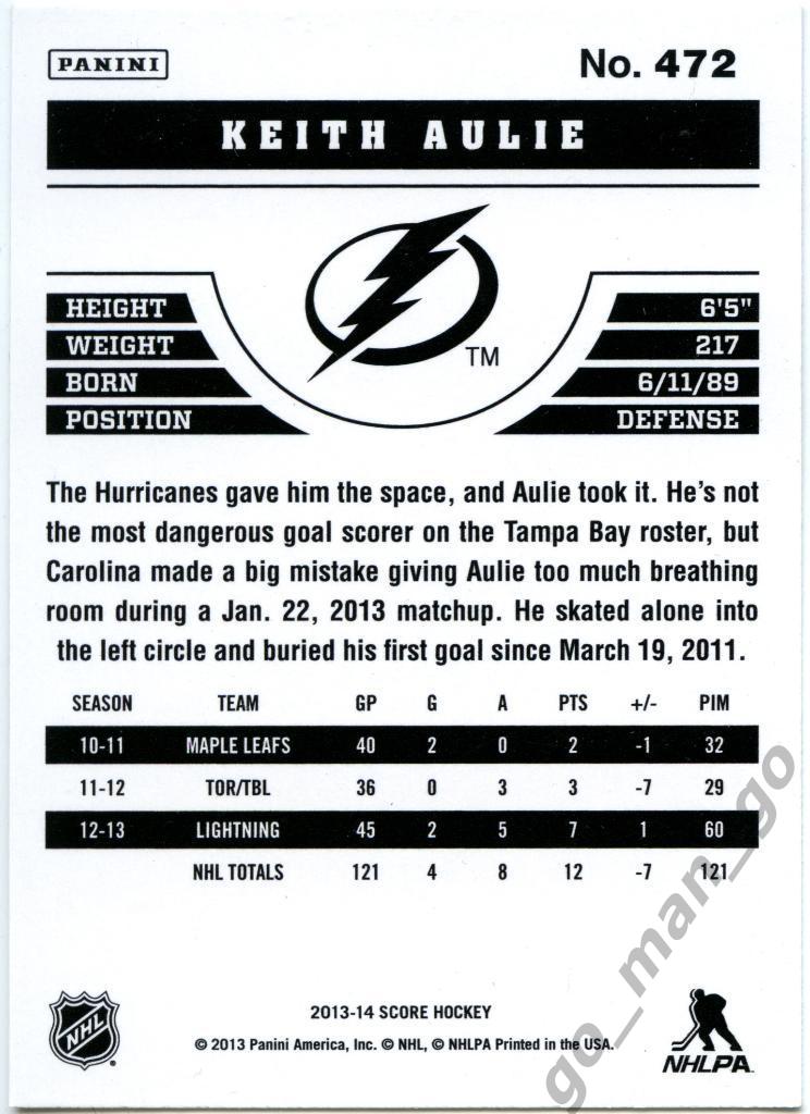 Keith Aulie (Tampa Bay Lightning). Panini Score 2013-2014, № 472. 1