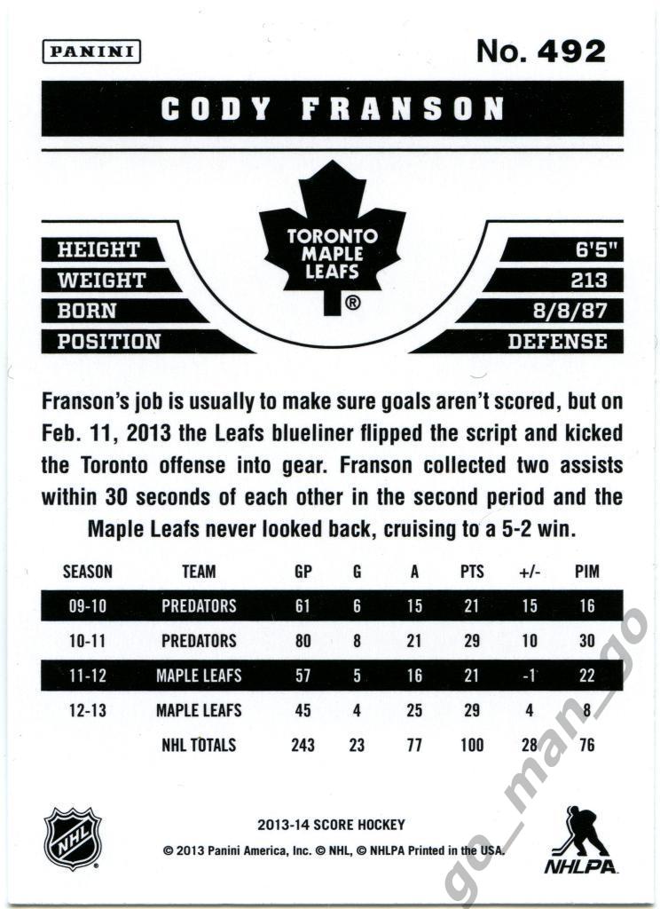 Coby Franson (Toronto Maple Leafs). Panini Score 2013-2014, № 492. 1