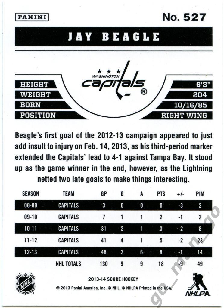 Jay Beagle (Washington Capitals). Panini Score 2013-2014, № 527. 1