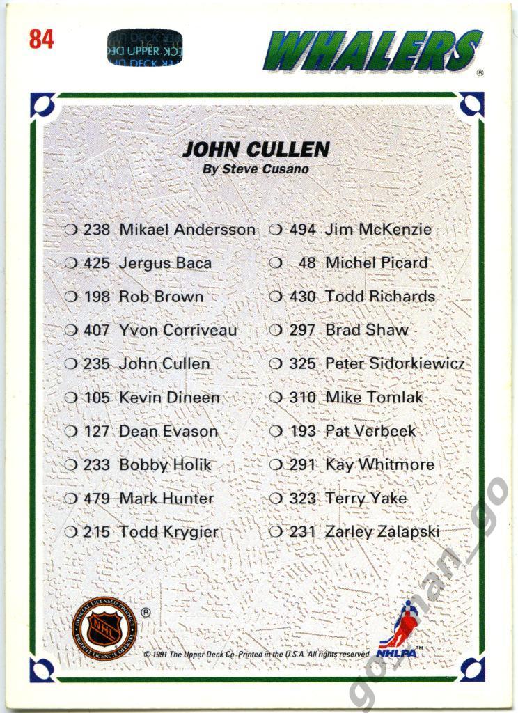 John Cullen (Hartford Whalers). Upper Deck Collector's Choice 1991-1992, № 84. 1