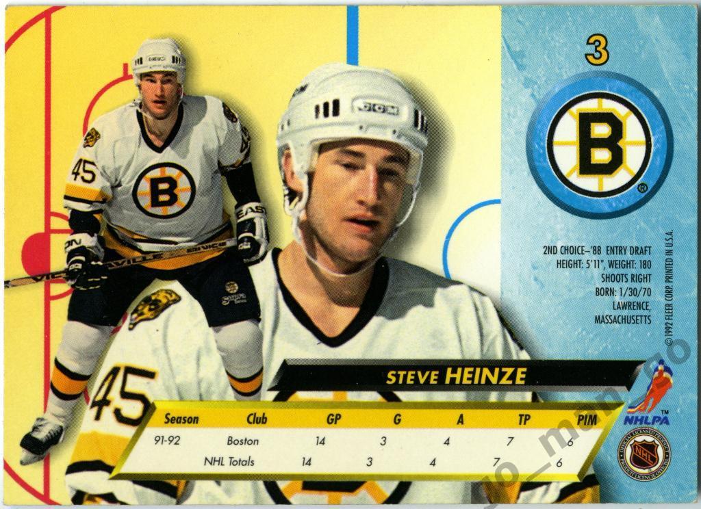Steve Heinze (Boston Bruins). Fleer Ultra 1992-1993, Rookie, № 3. 1