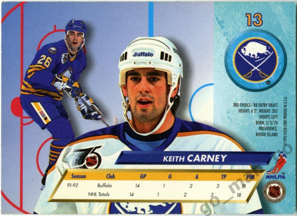 Keith Carney (Buffalo Sabres). Fleer Ultra 1992-1993, Rookie, № 13. 1