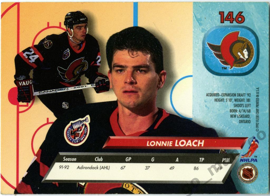 Lonnie Loach (Ottawa Senators). Fleer Ultra 1992-1993, Rookie, № 146. 1