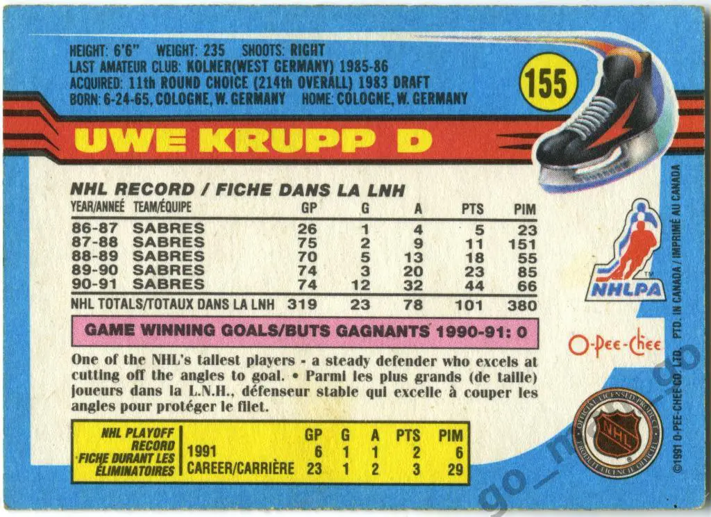 Uwe Krupp (Buffalo Sabres). O-Pee-Chee 1991-1992, № 155. 1