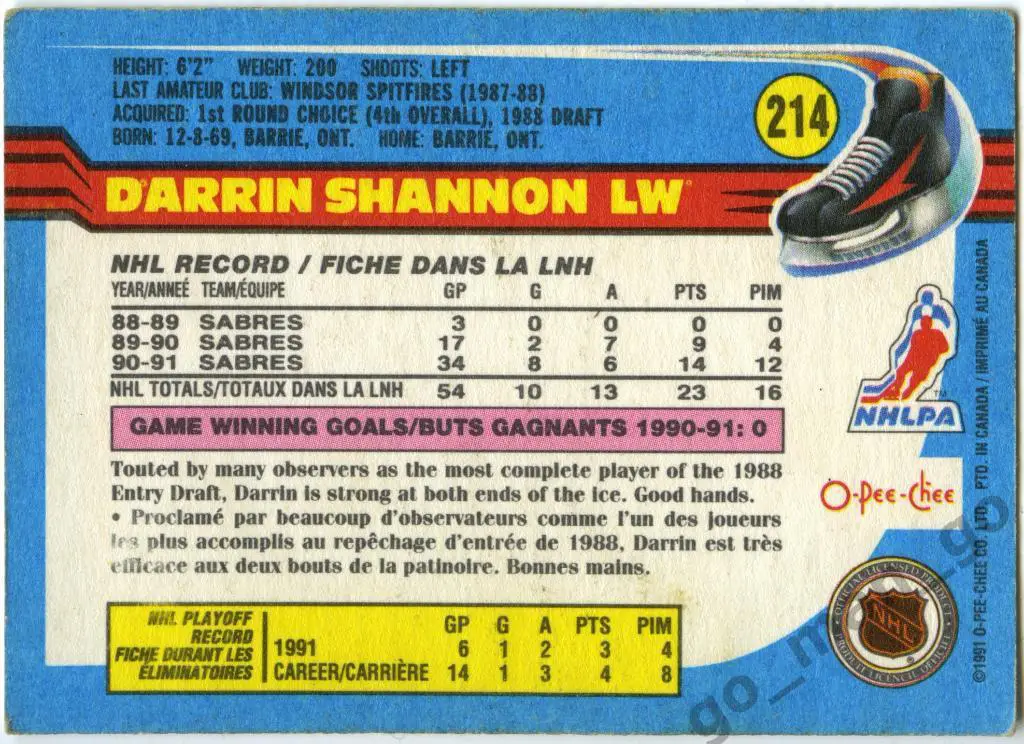 Darrin Shannon (Buffalo Sabres). O-Pee-Chee 1991-1992, № 214. 1