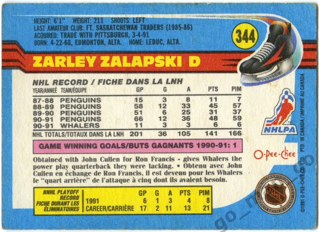 Zarley Zalapski (Hartford Whalers). O-Pee-Chee 1991-1992, № 344. 1