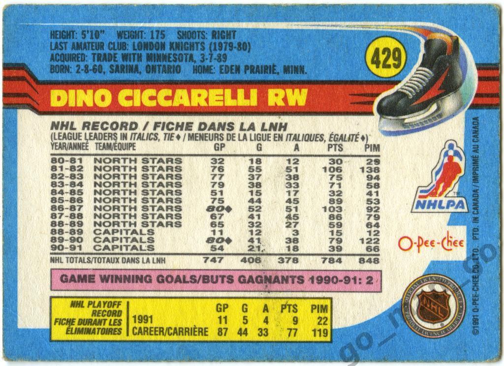 Dino Ciccarelli (Washington Capitals). O-Pee-Chee 1991-1992, № 429. 1