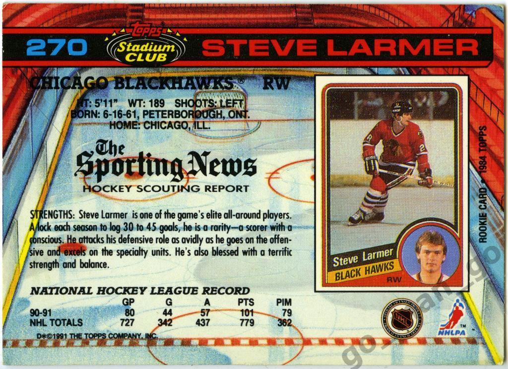 Steve Larmer (Chicago Blackhawks). Topps Stadium Club Hockey 1991-1992, № 270. 1