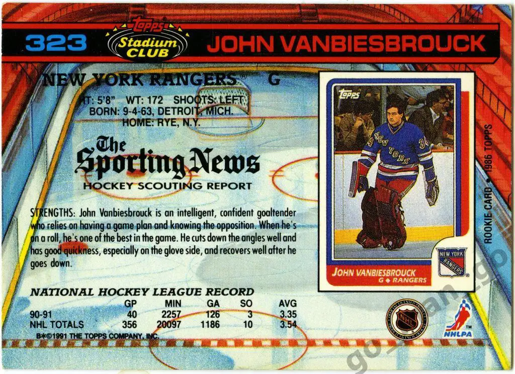 John Vanbiesbrouck New York Rangers. Topps Stadium Club Hockey 1991-1992, № 323. 1
