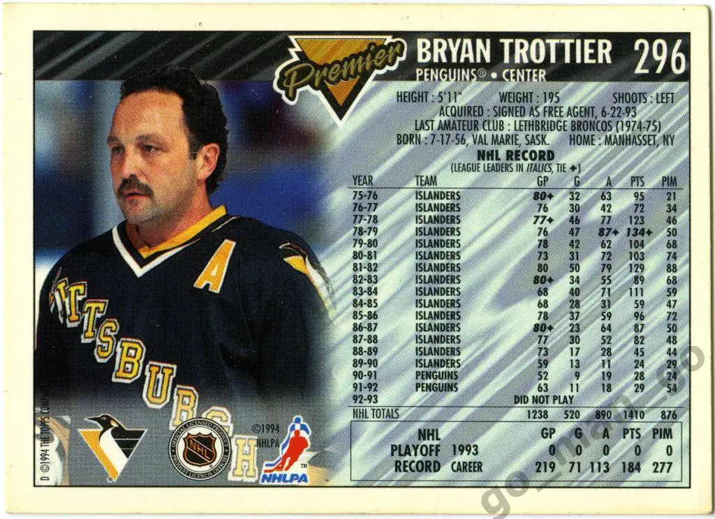 Bryan Trottier (Pittsburgh Penguins). Topps Premier 1993-1994, № 296. 1