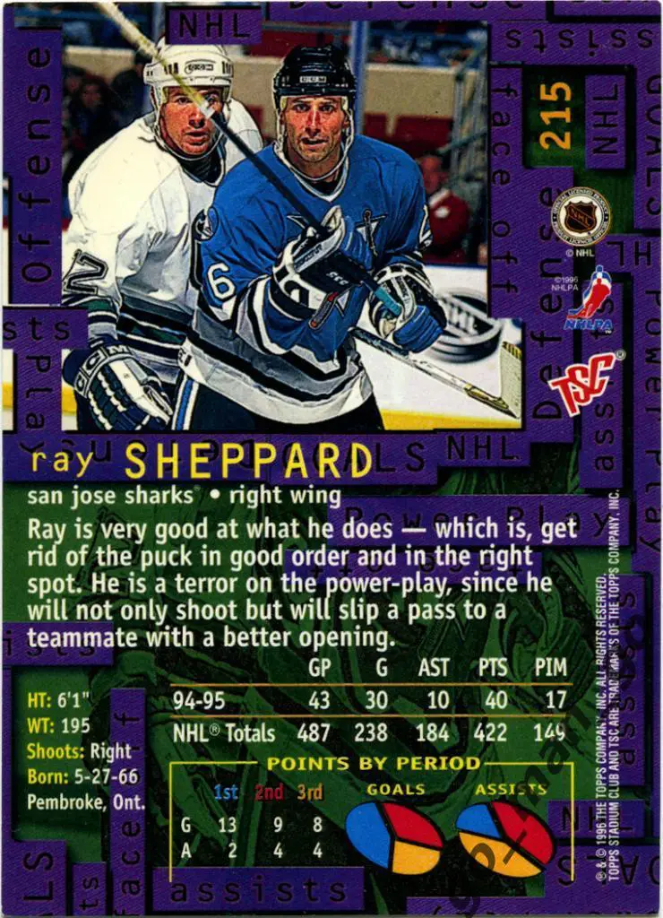 Ray Sheppard (San Jose Sharks). Topps Stadium Club Hockey 1995-1996, № 215. 1