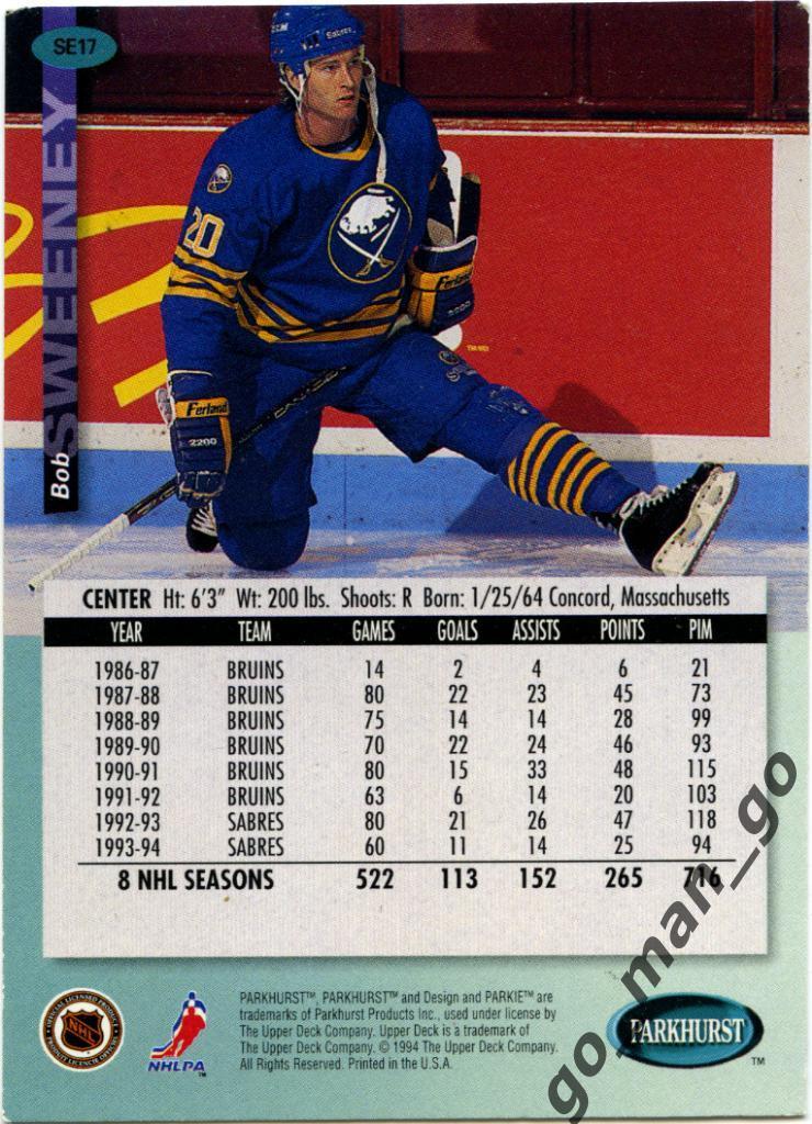 Bob Sweeney (Buffalo Sabres). Parkhurst NHL 1994-1995, № SE17. 1