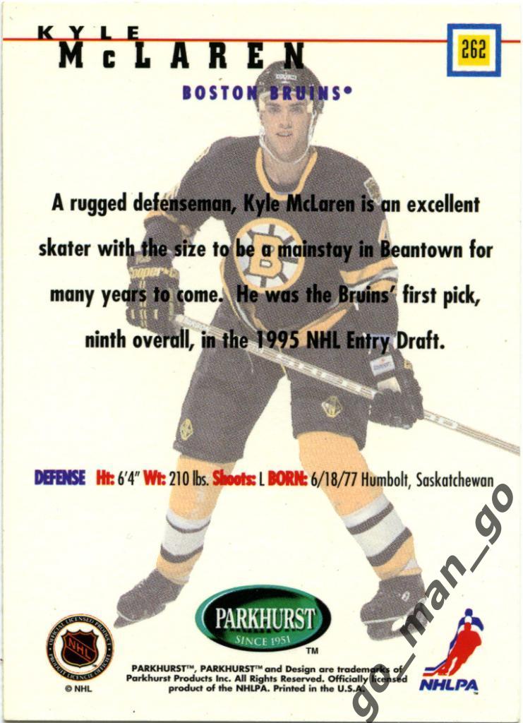 Kyle McLaren (Boston Bruins). Parkhurst International 1995-1996, Rookie, № 262. 1