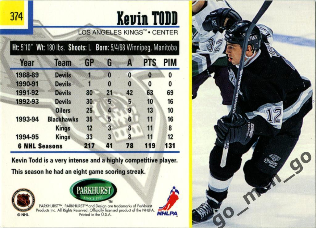 Kevin Todd (Los Angeles Kings). Parkhurst International 1995-1996, № 374. 1
