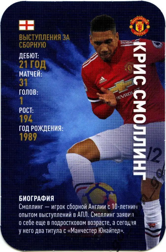 Крис Смоллинг (Манчестер Юнайтед). Top Trumps. Звёзды мирового футбола 2018.