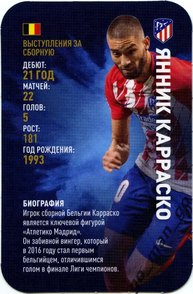Янник Карраско (Атлетико Мадрид). Top Trumps. Звёзды мирового футбола 2018.