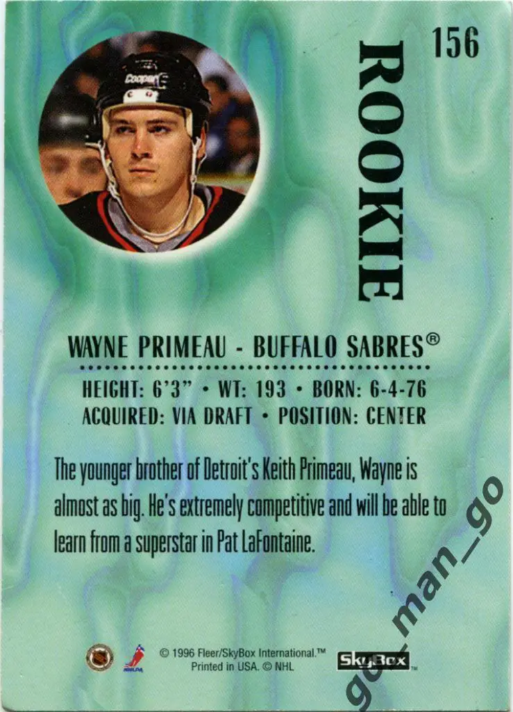 Wayne Primeau (Buffalo Sabres). SkyBox Impact 1996-1997, Rookie, № 156. 1