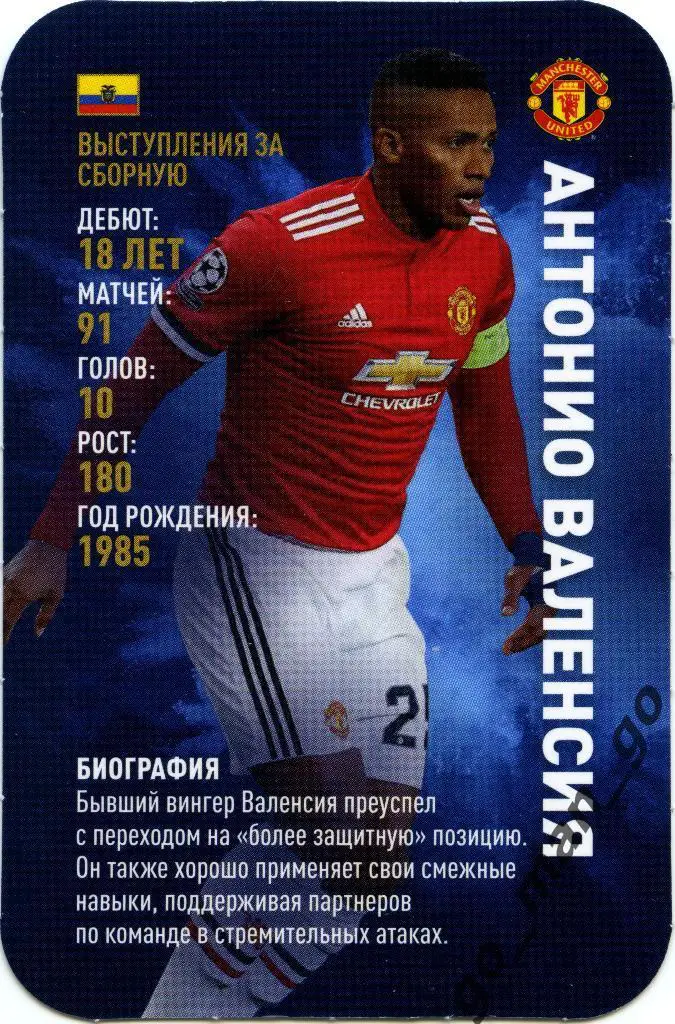 Антонио Валенсия (Манчестер Юнайтед). Top Trumps. Звёзды мирового футбола 2018.