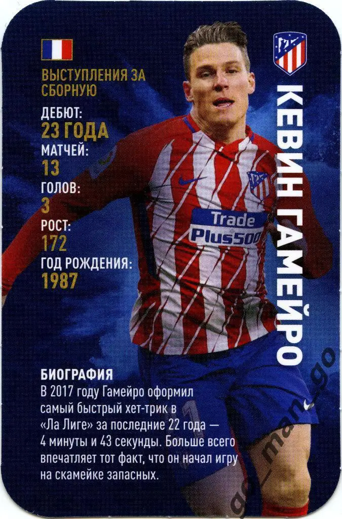 Кевин Гамейро (Атлетико Мадрид). Top Trumps. Звёзды мирового футбола 2018.