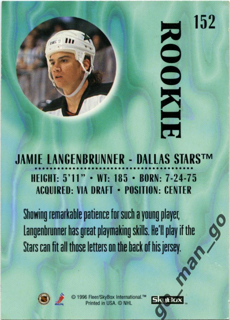 Jamie Langenbrunner (Dallas Stars). SkyBox Impact 1996-1997, Rookie, № 152. 1