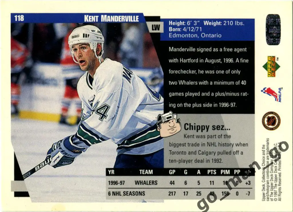 Kent Manderville Hartford Whalers. Upper Deck Collector's Choice 1997-1998 № 118 1