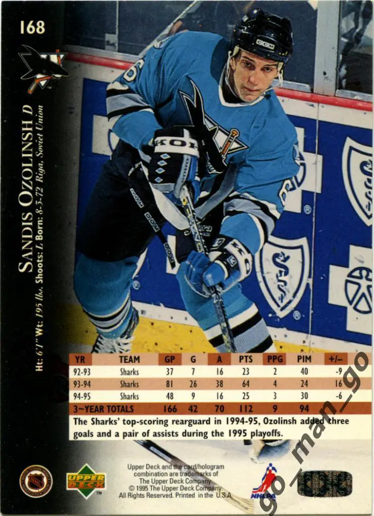 Sandis Ozolinsh Сандис Озолиньш San Jose Sharks. Upper Deck NHL 1995-1996 № 168. 1