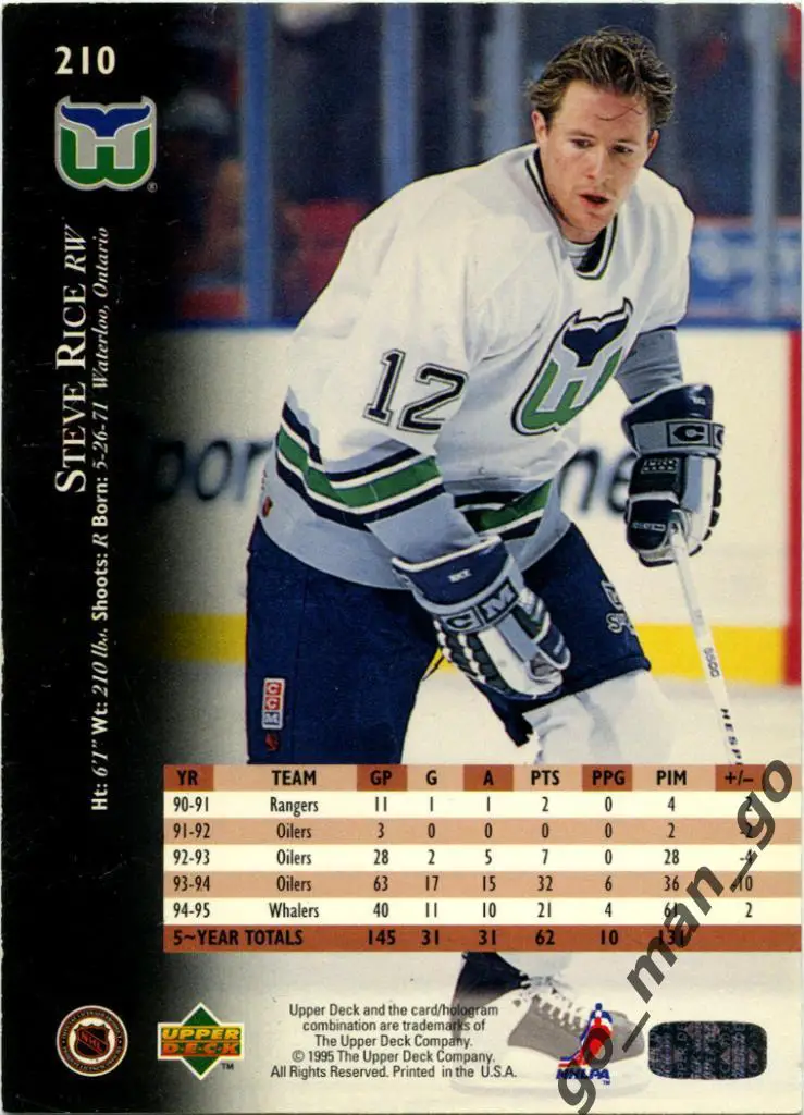 Steve Rice (Hartford Whalers). Upper Deck NHL 1995-1996, № 210. 1