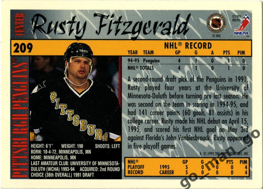 Rusty Fitzgerald (Pittsburgh Penguins). Topps NHL 1995-1996, № 209. 1
