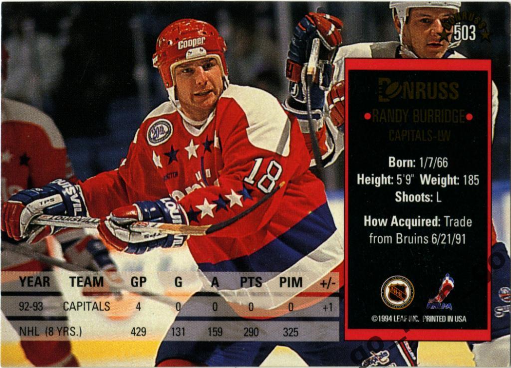 Randy Burridge (Washington Capitals). Donruss NHL 1993-1994, № 503. 1