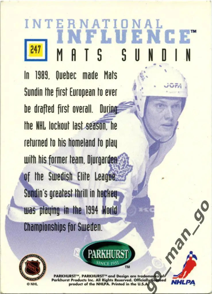 Mats Sundin (Toronto Maple Leafs). Parkhurst International 1995-1996, № 247. 1