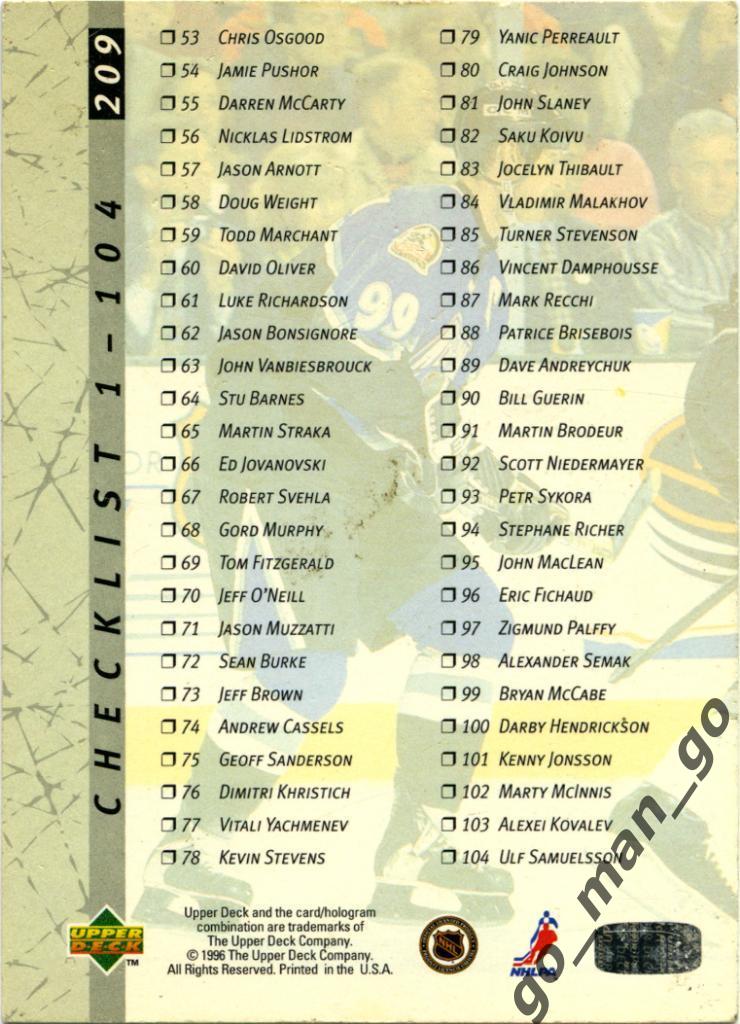 Checklist (1-104). Upper Deck NHL 1996-1997, № 209. 1