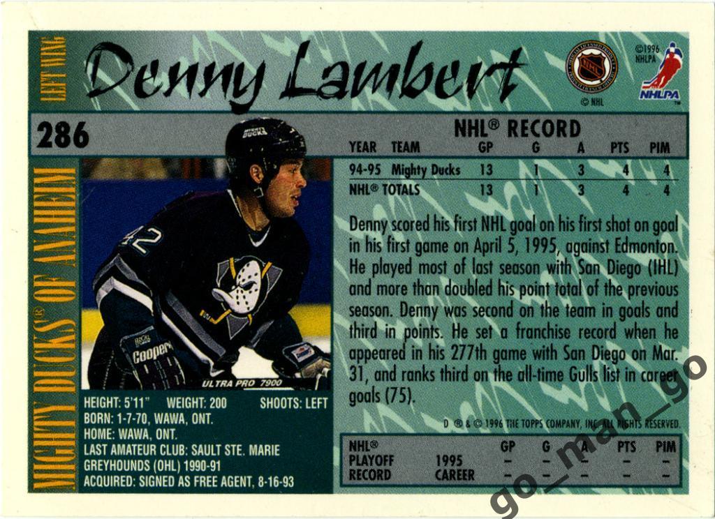 Denny Lambert (Anaheim Ducks). Topps NHL 1995-1996, Rookie, № 286. 1