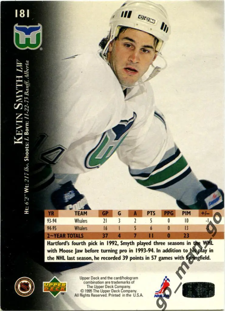Kevin Smyth (Hartford Whalers). Upper Deck NHL 1995-1996, № 181. 1