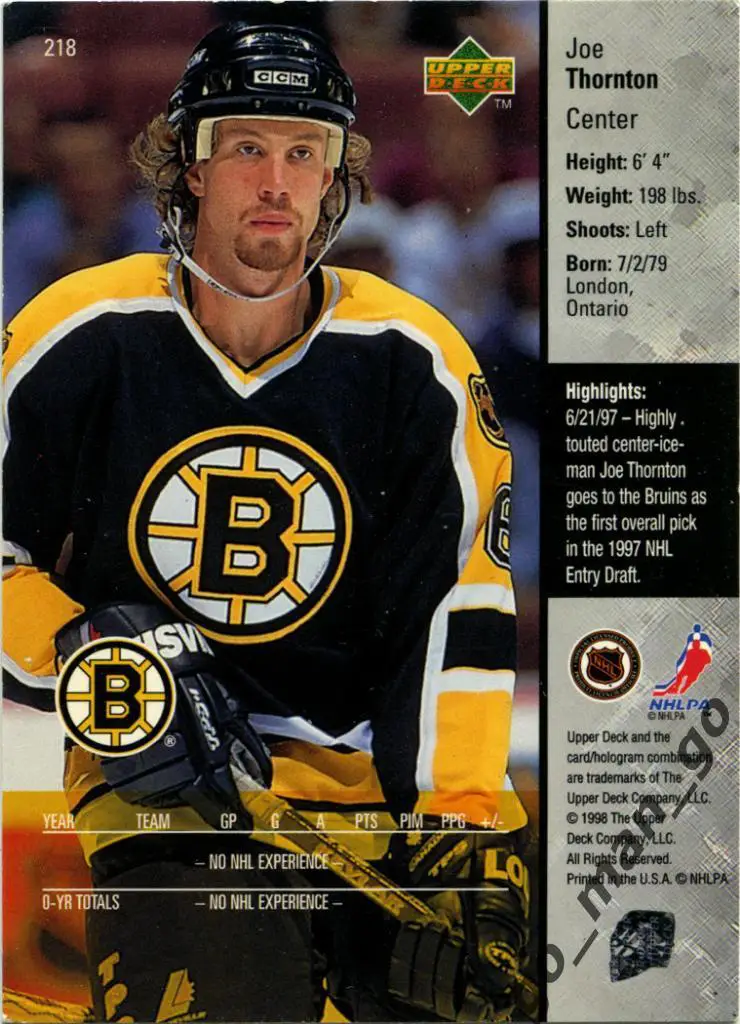 Joe Thornton (Boston Bruins). Upper Deck NHL 1997-1998, № 218. 1