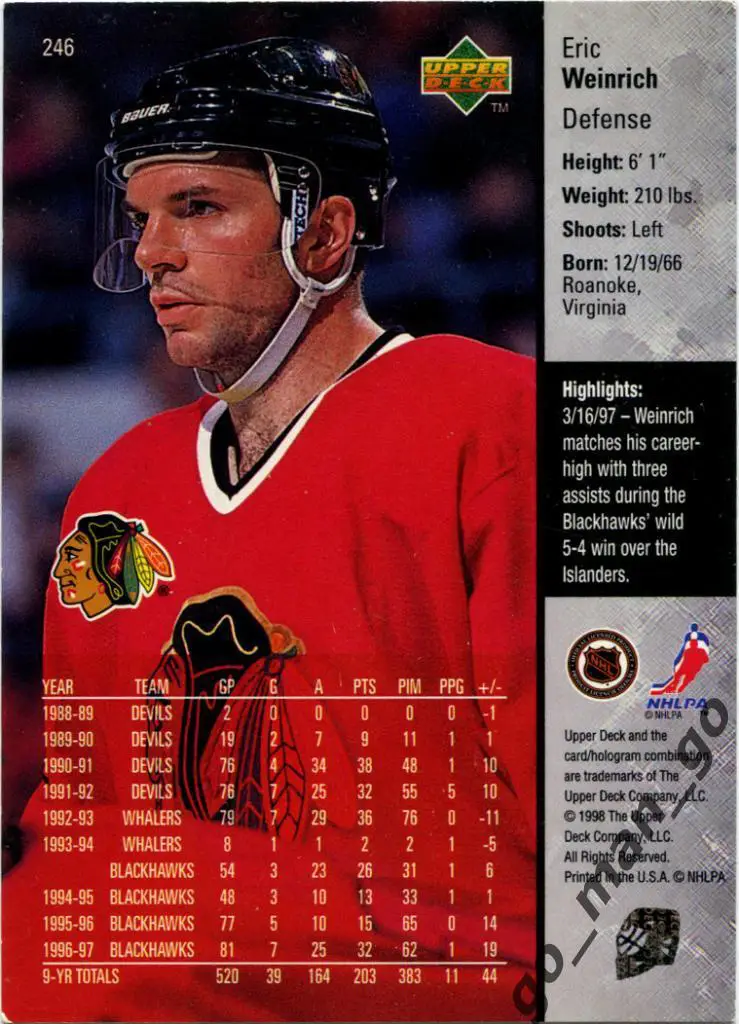 Eric Weinrich (Chicago Blackhawks). Upper Deck NHL 1997-1998, № 246. 1