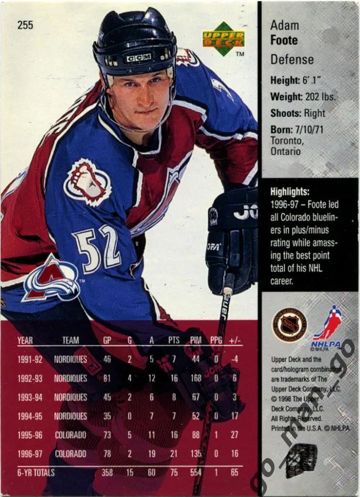 Adam Foote (Colorado Avalanche). Upper Deck NHL 1997-1998, № 255. 1