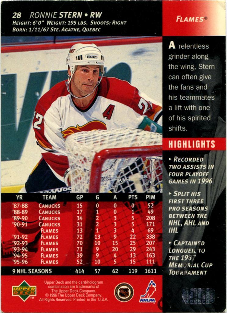 Ronnie Stern (Calgary Flames). Upper Deck NHL 1996-1997, № 28. 1