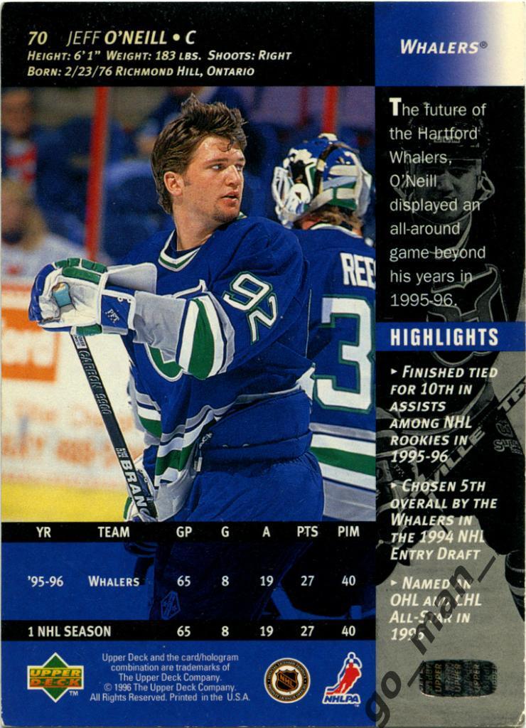 Jeff O'Neill (Hartford Whalers). Upper Deck NHL 1996-1997, № 70. 1