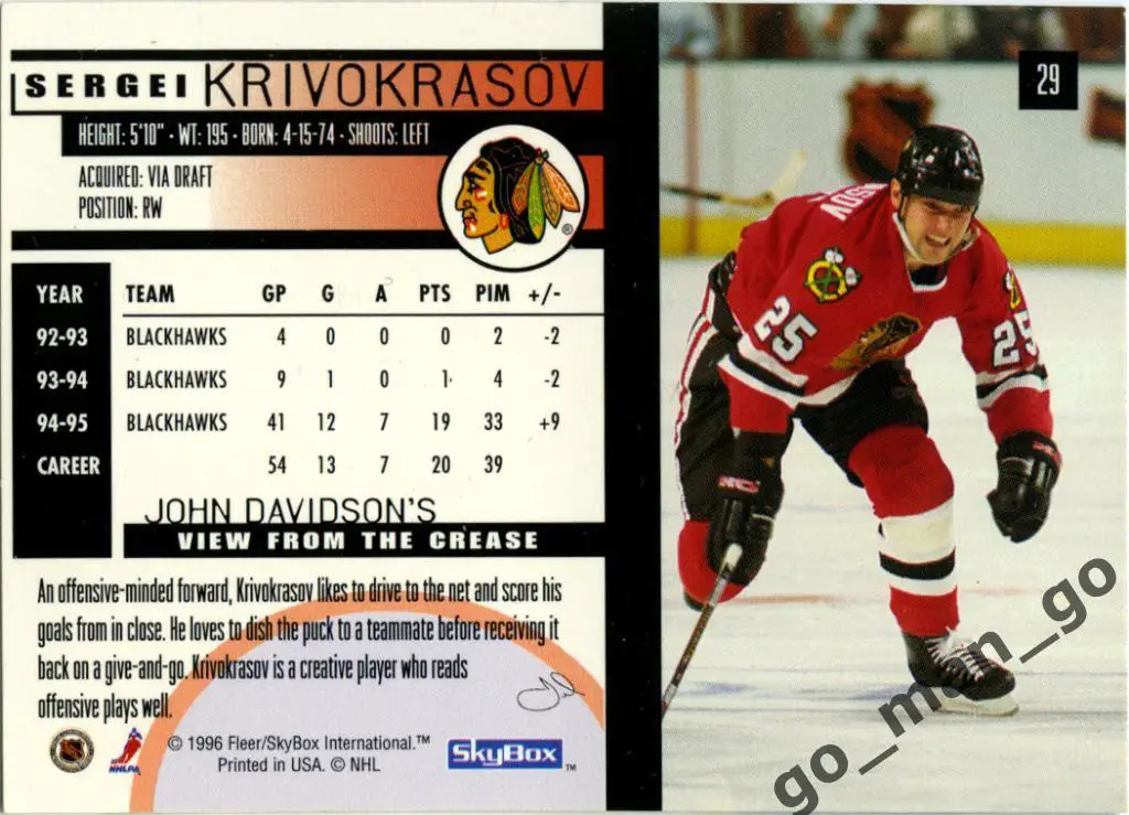 Сергей Кривокрасов Sergei Krivokrasov Chicago Blackhawks SkyBox Impact 1995-1996 1