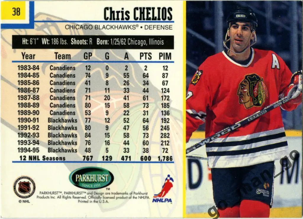 Chris Chelios (Chicago Blackhawks). Parkhurst International 1995-1996, № 38. 1