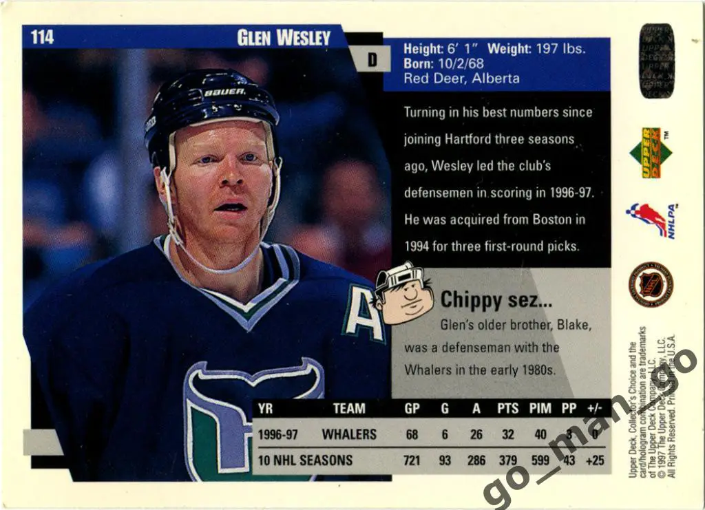 Glen Wesley (Hartford Whalers). Upper Deck Collector's Choice 1997-1998, № 114. 1