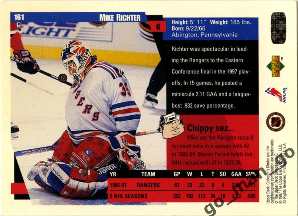 Mike Richter (New York Rangers). Upper Deck Collector's Choice 1997-1998, № 161. 1