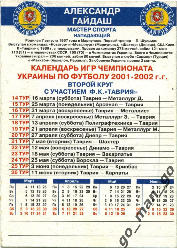 Александр Гайдаш Таврия Симферополь. Календарь игр Таврии 2001-2002 второй круг. 1