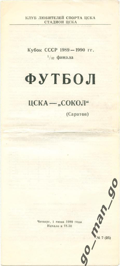 ЦСКА Москва – СОКОЛ Саратов 01.06.1989, кубок СССР, 1/32 финала.