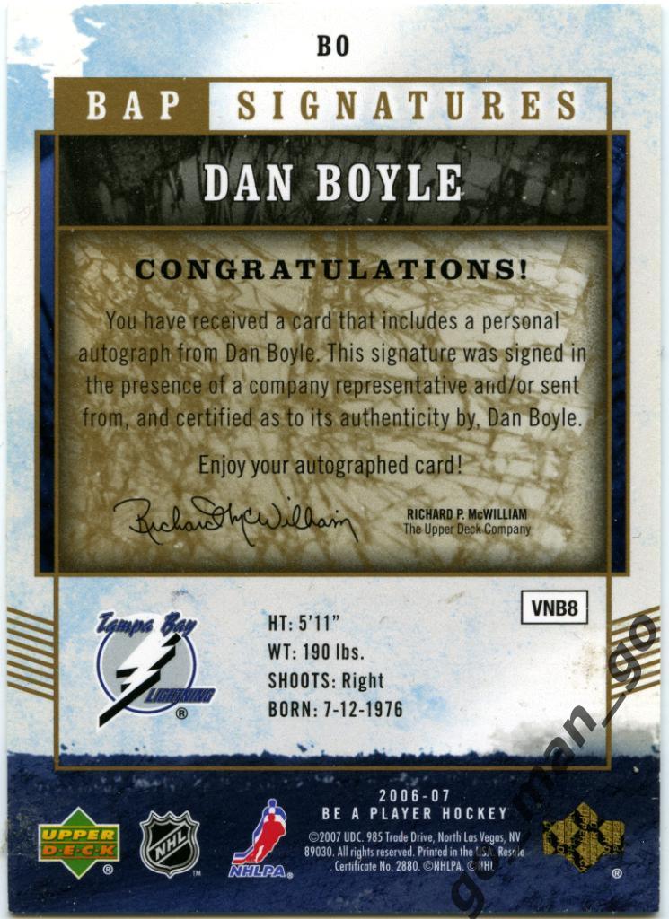 Dan Boyle Tampa Bay Lightning. Upper Deck BAP Signatures 2006-2007 autograph BO. 1