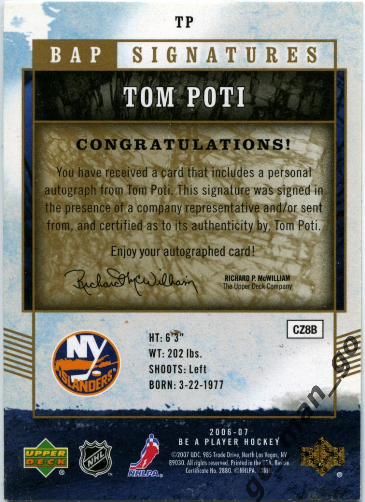 Tom Poti New York Islanders. Upper Deck BAP Signatures 2006-2007, autograph, TP. 1