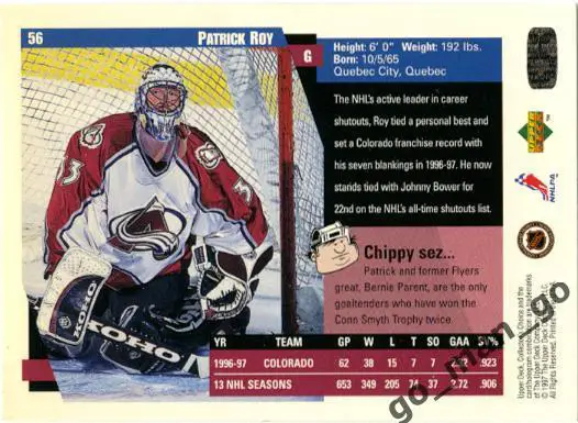 Patrick Roy (Colorado Avalanche). Upper Deck Collector's Choice 1997-1998, № 56. 1