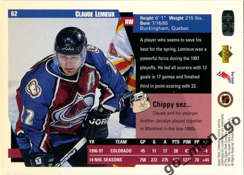 Claude Lemieux Colorado Avalanche. Upper Deck Collector's Choice 1997-1998 № 62. 1