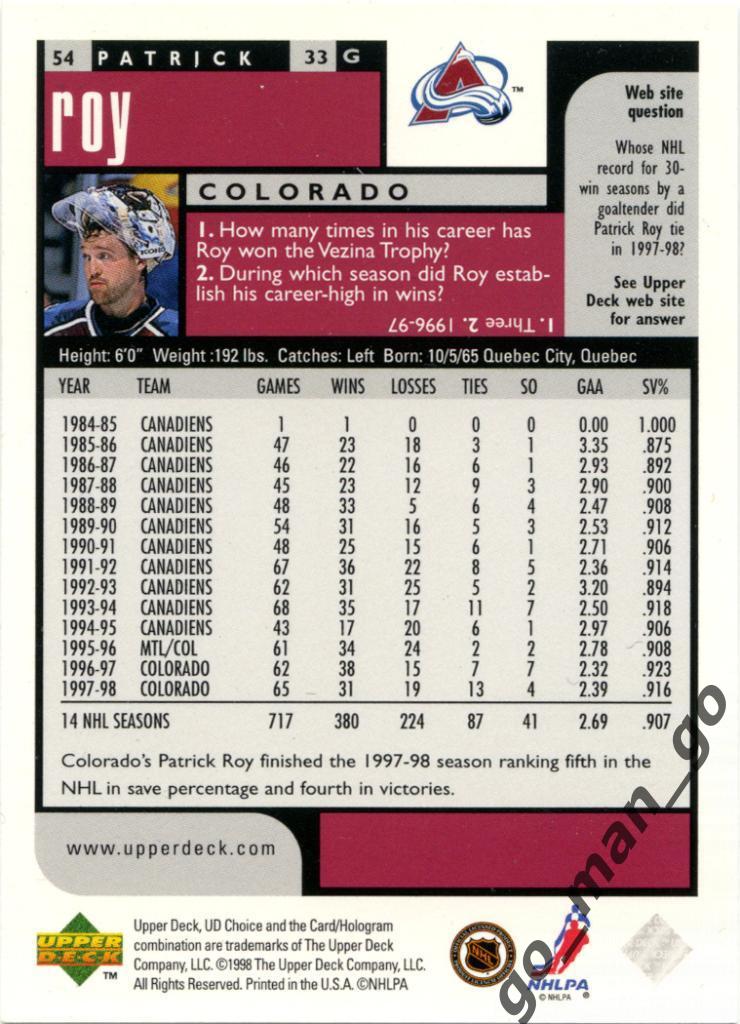 Patrick Roy (Colorado Avalanche). Upper Deck Choice 1998-1999, № 54. 1
