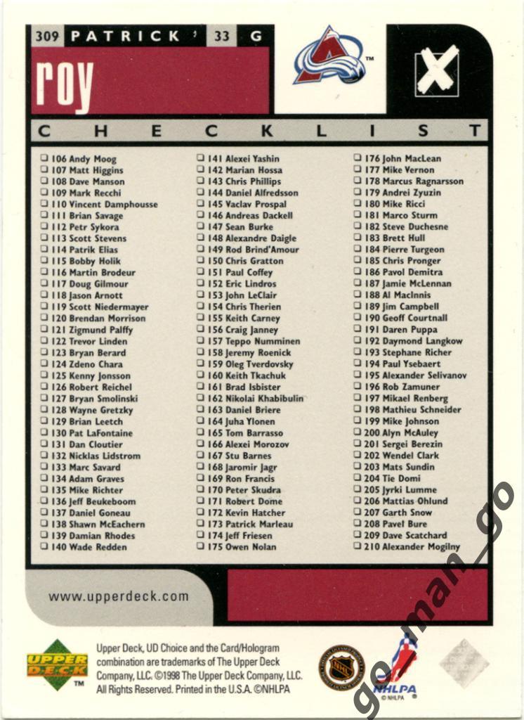 Patrick Roy (Colorado Avalanche). Upper Deck Choice 1998-1999, № 309, checklist. 1